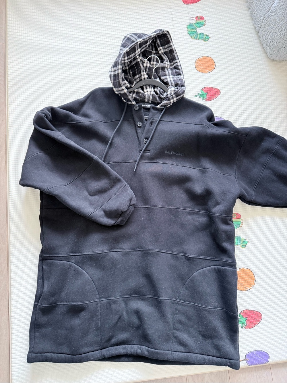 Balenciaga Black Hooded Sweatshirt with Plaid Lined Hood